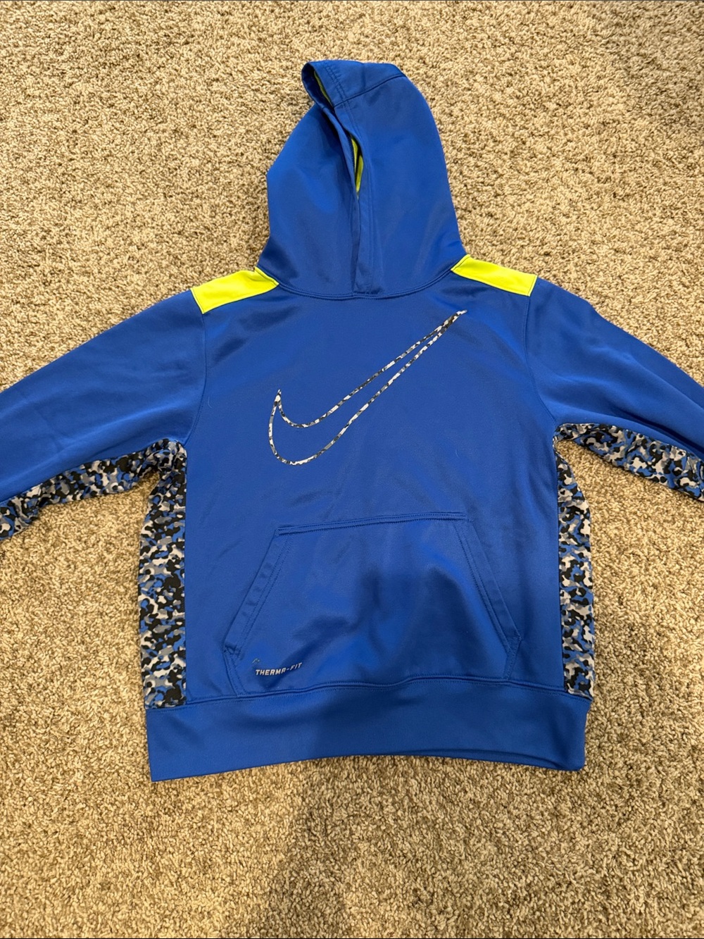 Nike Kids Royal Blue Hoodie with Neon Yellow Shoulders and Blue Camo Trim